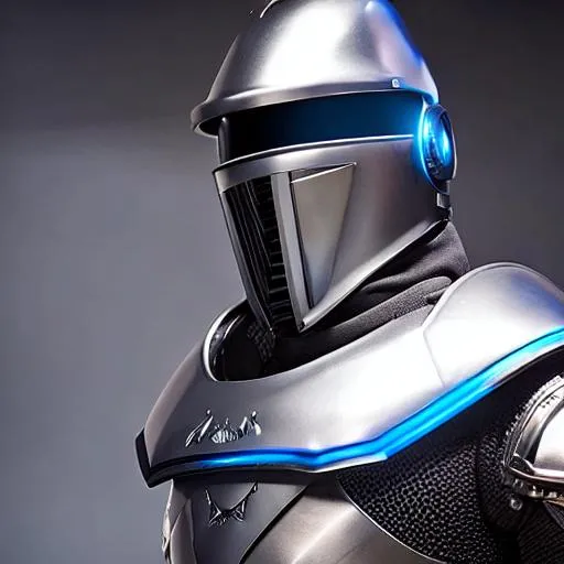 Prompt: Hyperrealistic full body art of a futuristic medieval knight, with a digital visor, dark grey hard plastic firm fitting armor, holding a thick blue laser sword highly detailed, 8k. 