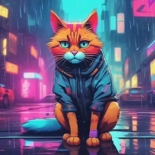 Prompt: A colourful and beautiful house cat in the rain in a cyberpunk world in a painted style