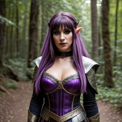 Prompt: female half-elf warrior, goth makeup,  short purple hair, ultra high res, 8k, ultra fine details, forest background, bokeh, full length body, renaissance fair attire