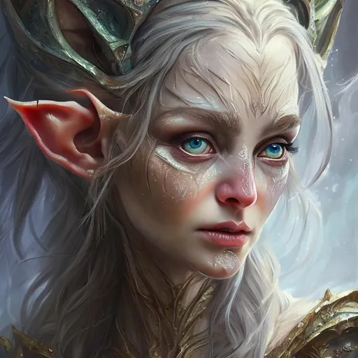 Prompt: high quality, oil painting, Very detailed,  clear visible face,  female evil elf wizard queen, big eyes