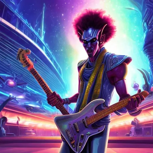 Prompt: Pharoah playing guitar for tips in a busy alien mall, widescreen, infinity vanishing point, galaxy background