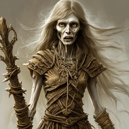 Prompt: Full body splash art of a sweet, youthful, female undead zombie sorceress, mummified face, blue eyes, very long dark blonde hair with thin curtain bangs, skinny, wearing long pastel colored dress, carrying a wooden staff, D&D, dnd, fantasy, highly detailed, sharp focus, digital painting, artstation, 4k, 8k