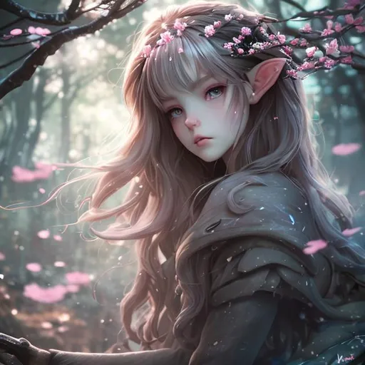 Prompt: (masterpiece) (highly detailed) (top quality) (cinematic shot)  anime style, front view, goddess of dark forest, instagram able, 1girl with elf ears walking into the forest, reflections, depth of field, 3D illustration, professional work, long hair, blonde hair, centered shot from below, dark blue eyes, cherry blossom dark forest, sunlight background, calling us to folow her.