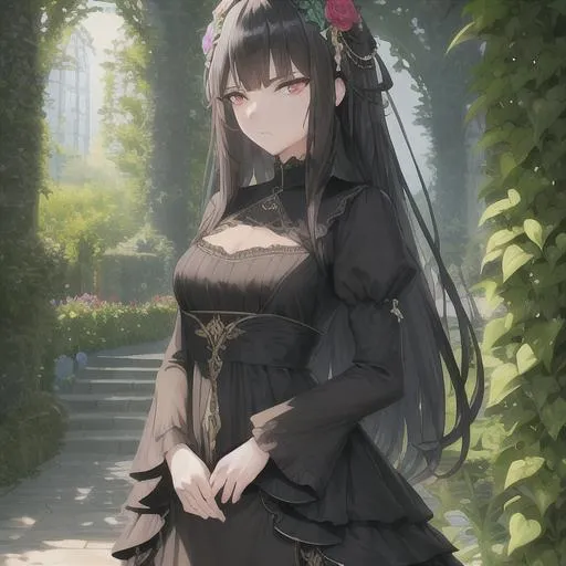 Prompt: Woman black  hair kind tall beautiful, 8k realistic, detailed flower dress dress standing up mystical garden background intimidating petite good looking sad eyes  full lips