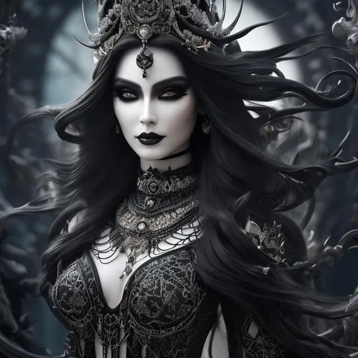 Prompt: Portrait of Goddess of Death, a beautiful woman in an elegant traditional skeleton outfit, black hat with thorns and flowing hair, bones, wind, trending on Artstation, sharp focus, studio photo, intricate details, extremely detailed, sharp focus.