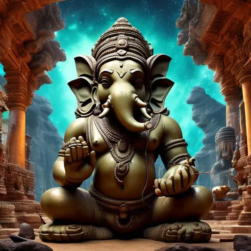 Prompt: wide view of an ancient bronze bodybuilding ganesha playing guitar at an exotic temple, tropical jungle background, galaxy sky, infinity vanishing point