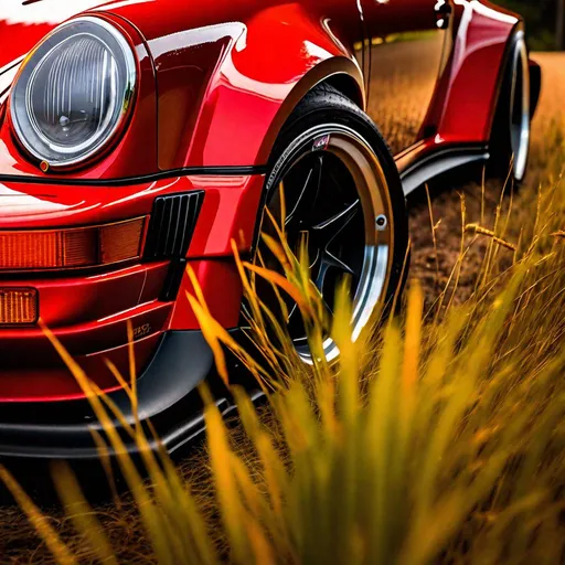 Prompt: Capture a professionally detailed, high-quality photograph of a 1980 Porsche 911 Turbo RWB, presented in a striking, bold red. The vehicle should be parked alongside a road bordered by tall grasses showcasing a spectrum of warm, autumnal colors, exuding a feeling of quiet tranquility.

The car's metallic body, adorned with rain droplets, must be a testament to its classic charm and powerful design. These droplets should reflect the surrounding scene, adding a realistic texture to the car's surface. Its distinct features - the wide fenders, the pronounced rear wing, the lowered stance - should be detailed prominently, embodying the RWB's aggressive yet elegant character.

The background should consist of a picturesque mountain range, enveloped in mist and low-lying clouds, creating a captivating contrast with the vibrant red of the Porsche.

The lighting should be diffuse, subtly casting soft shadows and highlights on the car, grasses, and distant mountains. The low-hanging clouds should add a layer of depth to the skies, scattering the light in a serene yet dramatic manner.

The overall composition of the photo must respect the equilibrium between the car's dynamic presence and the calm, natural beauty of the scene. The high standards of professional photography must be employed to capture this moment, creating a harmonious blend of automotive excellence and scenic tranquility, all bathed in the muted, enchanting light of the autumn day.