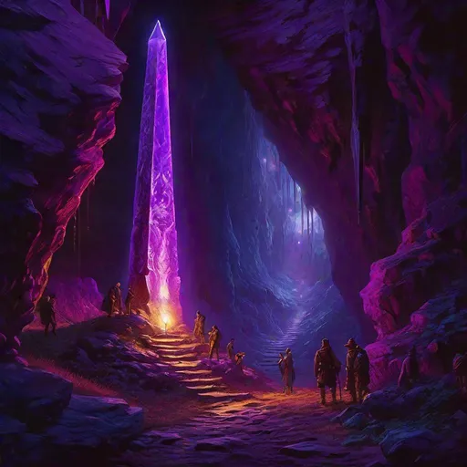 Prompt: The large purple obelisk emiting light in a dark cave, several explorers with torches illuminating a cave, fluorescent musrooms, medival, fantasy, middle ages, renaissance, Michelangelo, Greg Rutkowski, full hd, high quality, 4k, trending on artstation, oil painting, intricate, highly detailed,