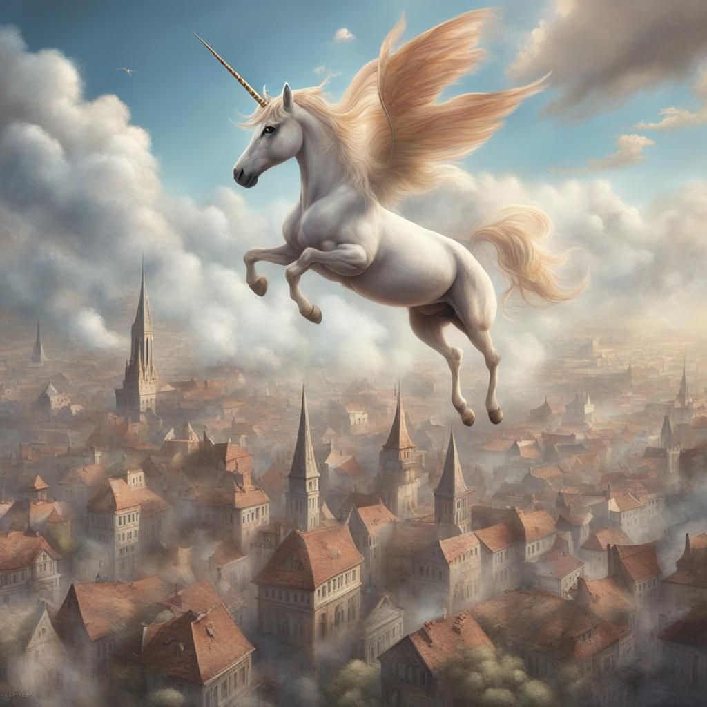 Prompt: concept art of unicorn flying over town, clouds. digital artwork, illustrative, painterly, matte painting, highly detailed, cinematic composition