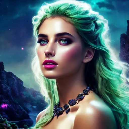 Prompt: HD 4k 3D 8k professional modeling photo hyper realistic beautiful mysterious woman ethereal greek goddess of Spring, Queen of the Underworld
green hair hazel eyes gorgeous face fair skin white shimmering dress jewelry tiara full body surrounded by magical glowing firelight hd landscape background of enchanting mystical flowers skulls fruit