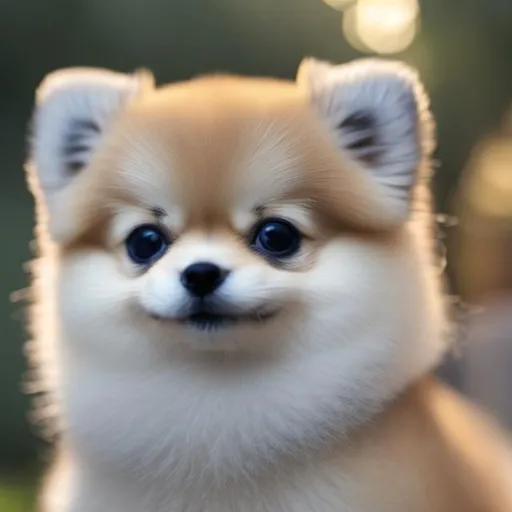 Prompt: Mini Toy Pomeranian looking into the camera, white, blue eyes, shiba cut, raising right paw