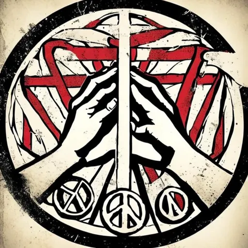 Prompt: Create an anti-war poster to promote peace as alternative to war. The poster must have a vintage feel with a peace symbol at the centre. The outer circle of the symbol should be created by people holding hands.
