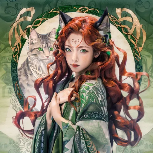 Prompt: Japanese ink art, Celtic woman, face with cat ears and tail, long red curly hair, detailed green eyes, detailed skin texture, Celtic Robes full body view, detailed Japanese style background, diffused lighting, delicate, artistic, beautiful, 