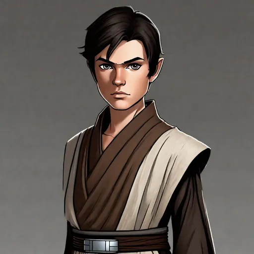 Prompt: Young male Jedi, Dark brown layered robes over grey tunic, layered robes, brown robes, short black hair pulled back, brown Jedi belt with small silver buckle, square chin, young man, detailed art, high quality texture, Star Wars character art, dark brown and grey Jedi robes, grey tunic, black vest, realistic lighting, studio lighting on face, detailed texture, crewcut hair, High quality art, Detailed digital art, dynamic lighting