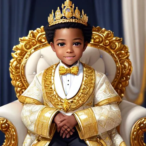 Prompt:  An intricately detailed Oil Painting of A 6 year old African American very handsome young Prince wearing an impressive gold and diamond crown. Dressed in white and gold highly ornate formal royal clothing, looking quite regal and like a little gentleman with a very pretty smile. Epic perspective. Digital art. Masterpiece quality. Fantasy art. Hyper detailed. 