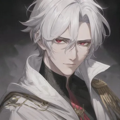 Prompt: "A close-up photo of a handsome prince with messy short hair, white hair, glowing red eyes, wearing a kings robe, in hyperrealistic detail, with a slight hint of disgust in his eyes. His face is the center of attention, with a sense of allure and mystery that draws the viewer in, but his eyes are also slightly downcast, as if a sense of disgust is lingering in his thoughts. The detailing of his face is stunning, with every pore, freckle, and line rendered in vivid detail, but the image also captures the subtle emotions of disgust that might lie beneath his surface."