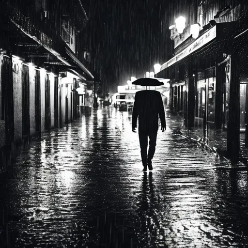 Prompt: A man walking in the night in rain