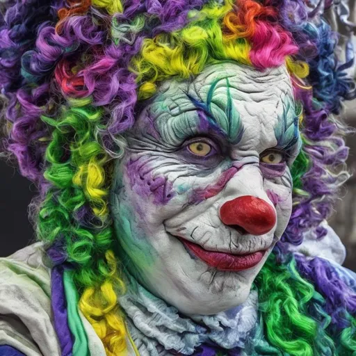 Prompt: clown that is purple and green colors  only hyper realistic hyper detailed close up