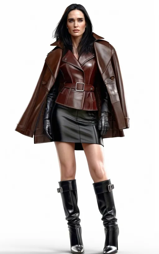 Prompt: Photorealistic Jennifer Connelly in leather coat, gloves, and high heeled fashion boots with decorative buckles and straps,  detailed face, intricate leather textures, high-quality, professional, detailed eyes, realistic, polished leather,
