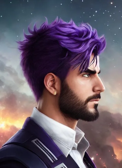 Prompt: Face, close up, Portrait of man with purple hair and with manly face, space background fantasy, perfect composition, hyperrealistic, super detailed, 8k, high quality, trending art, trending on artstation, sharp focus, studio photo, intricate details, highly detailed, by greg rutkowski