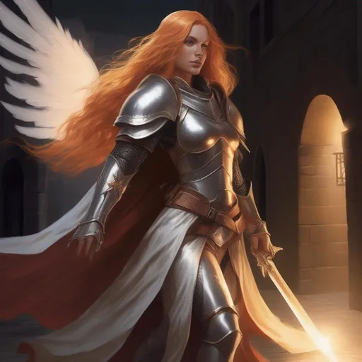 Prompt: dnd a a female aasimar with long strawberry blonde hair wearing full plate armor and a long cape with wings of light standing in a dark alley way
