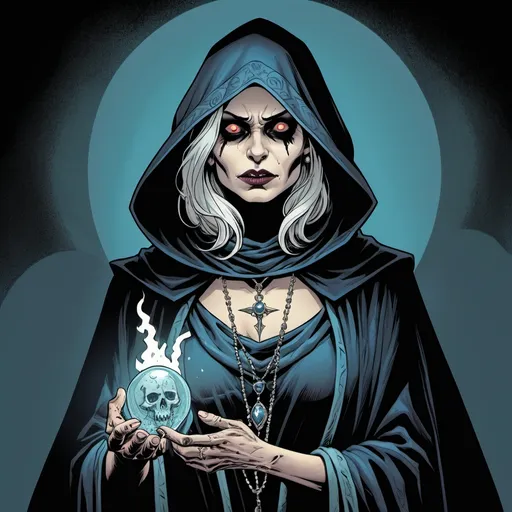 Prompt: undead Maltese woman necromancer casting a spell, anorthite cloak and cowl, apatite amulet necklace, detailed, dramatic, dark colors, graphic novel illustration, retro comic book, 2d shaded, highres, detailed, dramatic lighting, professional