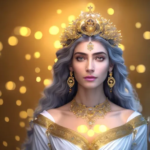 Prompt: HD 4k 3D 8k professional modeling photo hyper realistic beautiful woman ethereal greek goddess of bright intellect and sight
white hair light eyes gorgeous face pale skin gold shimmering dress jewelry and gold crown full body surrounded by magical glowing gold halo light hd landscape background religious temple and moon 