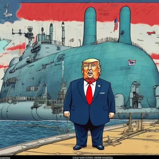 Prompt: Cute, obese Spy Trump in front of a nuclear submarine in drydock, dark-blue suit, too long red tie, u-boat scene, bright colored, Sergio Aragonés MAD Magazine cartoon style