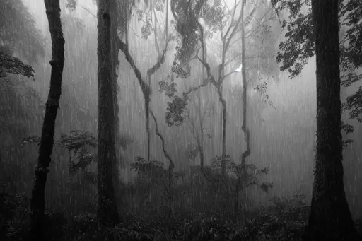 Prompt: The rain is coming down in sheets, obscuring the forest in a veil of gray. The wind is howling through the trees, creating a cacophony of sound. The only light comes from the occasional flash of lightning, which illuminates the forest for a brief moment before plunging it back into darkness.

The trees are dripping wet, and the ground is muddy and slippery. The air is thick with the smell of wet leaves and earth. The sound of the rain is deafening, and it is difficult to hear anything else.

The forest is eerily quiet, save for the sound of the rain. The animals have all gone to ground, seeking shelter from the storm. The only movement is the occasional gust of wind that shakes the trees.

It is a dark and stormy night, and the forest is a place of mystery and danger. It is a place where anything could happen, and where the imagination can run wild.

Here are some additional details that you can add to your description:

The rain is falling so hard that it is difficult to see more than a few feet in front of you.
The wind is so strong that it is blowing branches and leaves off the trees.
The ground is so muddy that it is difficult to walk without slipping.
The air is so cold that you can see your breath.
The sound of the rain is so loud that it is difficult to think.
The forest is so dark that you can barely see anything.
The animals are so scared that they are staying hidden.
You can also use your imagination to add more details to your description. What kind of trees are in the forest? What kind of animals live there? What kind of sounds do you hear besides the rain? What kind of smells do you smell?

The possibilities are endless. The important thing is to use your senses to create a vivid and atmospheric description of a rainy night in a forest.

Vibrant mystic colour 

A mediaeval castle wrapped by tree roots