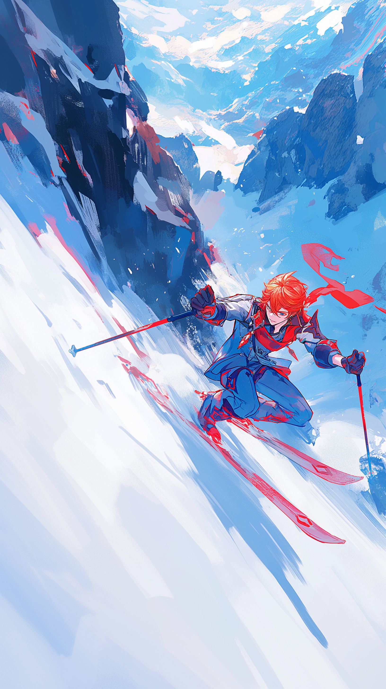 Prompt: Tartaglia from Genshin Impact skiing down a very large mountian in the middle of a blizzard, he has vibrant red skis, and two long red poles, --ar 9:16 --niji 6