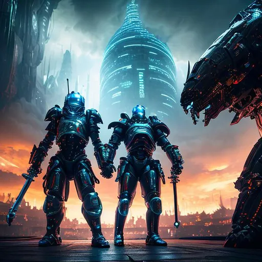 Prompt: 8k portrait of two aggressive futuristic Knights fighting to the death, with cyber swords, in a huge thunder dome-like battle palace, with huge crowd, cinematic perspective concept art, sci-fi style art, background, .obj file, high-quality render, ultrarealistic, cinematic style, files, DeviantArt rendered in unreal engine 5, intricate details