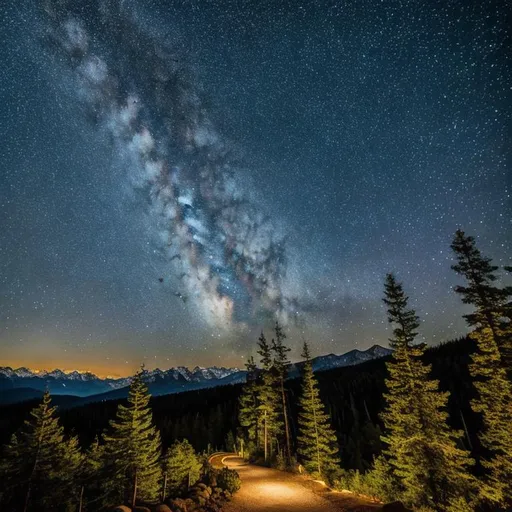 Prompt: Starry night skies above mountains and tall pine trees on a forest path