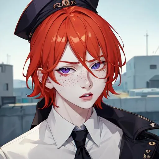 Prompt: Erikku male (short ginger hair, freckles, right eye blue left eye purple) UHD, 8K, Highly detailed, insane detail, best quality, high quality. As the godfather, mafia, crime lord