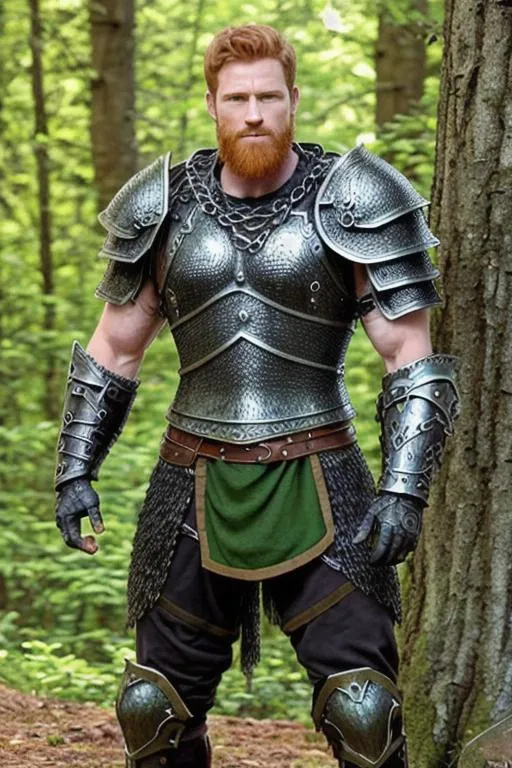 Prompt: male fantasy warrior, chain mail, ruggedly handsome, strong musculature, ginger, short hair and short beard, armor, forest green clothing. 