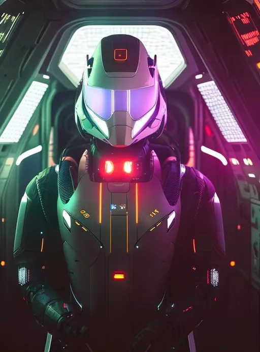 Prompt: a spaceship pilot in a reflective suit with robotic limbs, laying down in a pod, in a cyberpunk setting, cyborg, implants, high details, realistic , professionally colour graded, photorealism, 8k, grim dark lighting, art by sakimichan