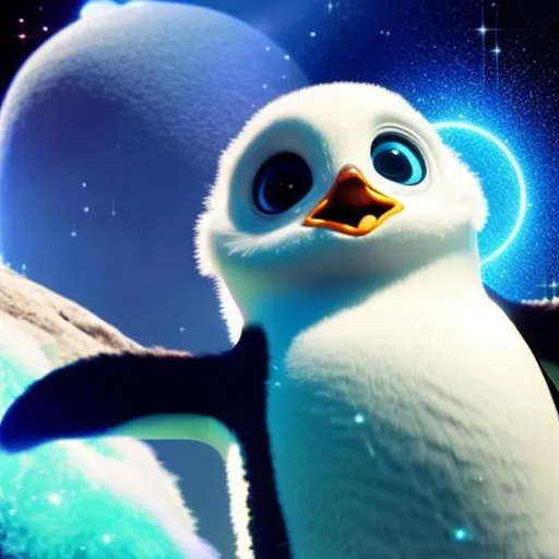 Prompt: penguin in space, render, pop surrealism, fluffy feathers, 64k, detailed, realistic , drawn by disney concept artists, Pixar render, kawaii, cute, cinematic framing