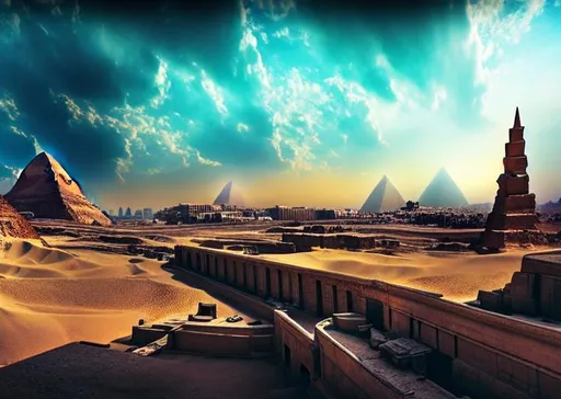Prompt: long shot scenic professional photograph of {scenery}, perfect viewpoint, highly detailed, wide-angle lens, hyper realistic, with dramatic sky, ancient flourishing cyberpunk Egypt polarizing filter, natural lighting, vivid colors, everything in sharp focus, HDR, UHD, 64K