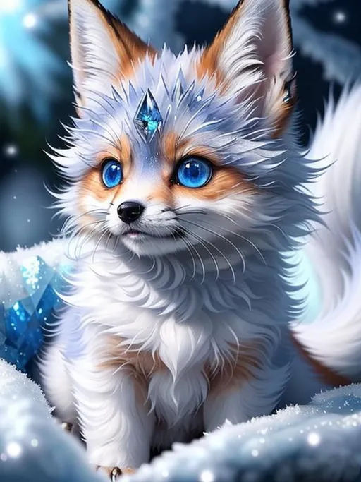 Prompt: (masterpiece, professional oil painting, epic digital art, best quality:1.5), insanely beautiful tiny ((fox kit)), (canine quadruped), ice elemental, silky silver-blue fur covered in frost, timid, ((insanely detailed alert crystal blue eyes, sharp focus eyes)), gorgeous 8k eyes, fluffy silver neck ruff covered in frost, two tails, (plump), enchanted, magical, finely detailed fur, hyper detailed fur, (soft silky insanely detailed fur), moonlight beaming through clouds, lying in frosted meadow, grassy field covered in frost, cool colors, professional, symmetric, golden ratio, unreal engine, depth, volumetric lighting, rich oil medium, (brilliant auroras), (ice storm), full body focus, beautifully detailed background, cinematic, 64K, UHD, intricate detail, high quality, high detail, masterpiece, intricate facial detail, high quality, detailed face, intricate quality, intricate eye detail, highly detailed, high resolution scan, intricate detailed, highly detailed face, very detailed, high resolution