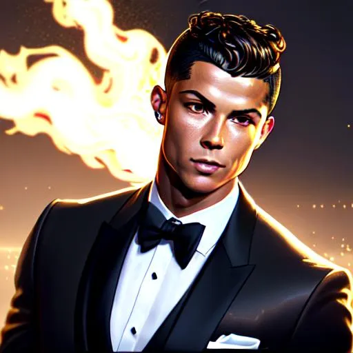 Prompt: Ronaldo, hot, handsome, realistic, half body illustration of a tan man with wavy dark hair, short. dark eyes he's covered with body tattoos, wears a dark formal suit and has a golden halo over his head. he also smokes and wears golden jewelry. artstation, soft lighting, cinematic, beautiful, attractive, deviantart, illustration, digital art, blur, flare, soft water color, fantasy, highly detailed, hyper realistic