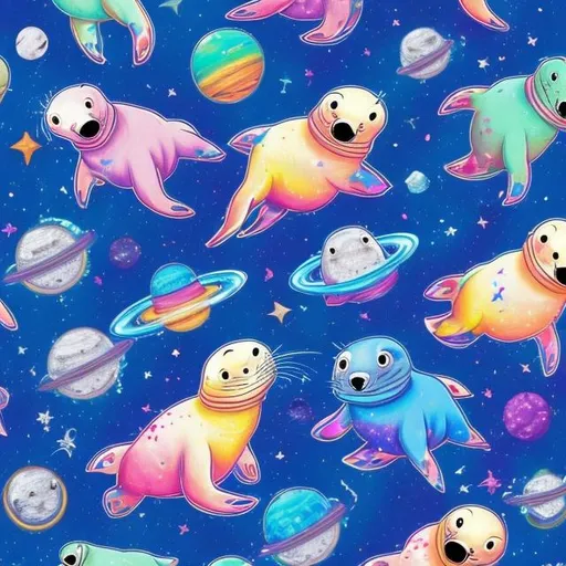 Prompt: Seals in outer space in the style of Lisa frank