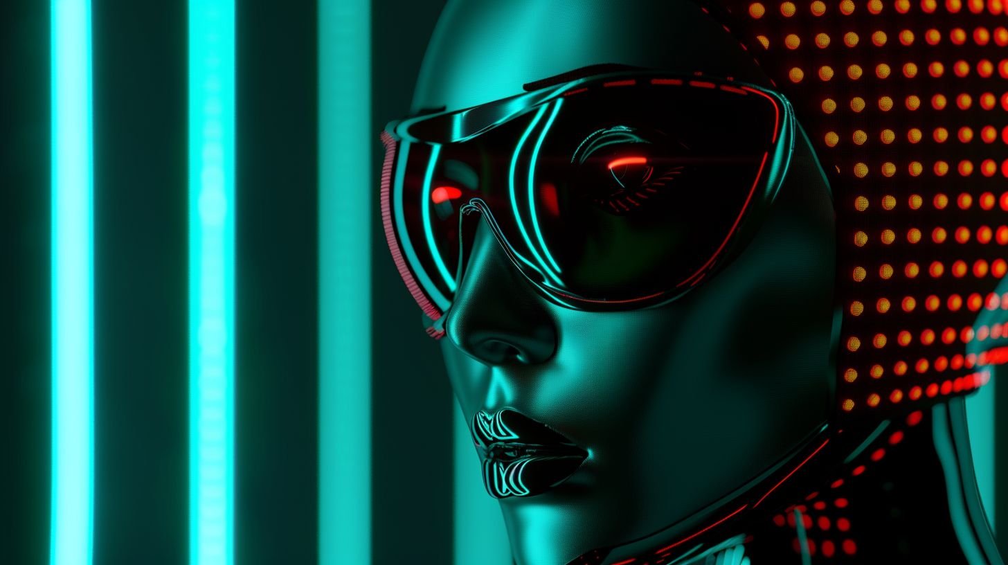 Prompt: female robot in glasses looking at a background, in the style of psychedelic tableaux, intricate costumes, daz3d, mosaic-inspired realism, neon grids, hurufiyya, chromepunk