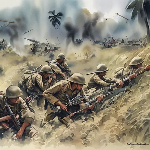 Prompt: Ambushing Enemy Patrol Philippines 1942 in Watercolor