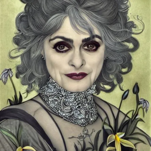 Prompt: long grey hair, beautiful older woman, helena bonham carter, jennifer anniston, long grey hair, black cat, bottecelli, daffodils, lilies, madonna, pre-raphaelite, magpie, art nouveau, medieval

