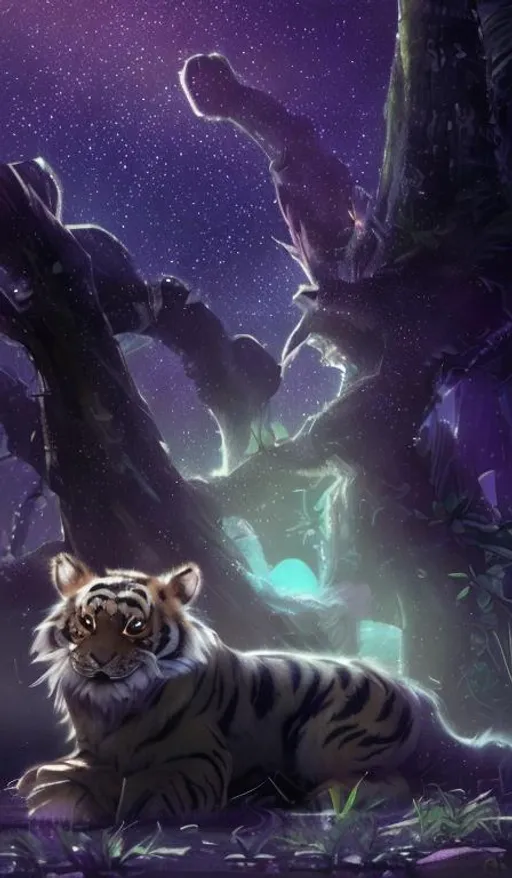 Prompt: character concept art | cute | male | anthropomorphic | fluffy | tiger | furry | fine face| purple eyes | pretty face | key visual | fine details | starry sky | watching stars