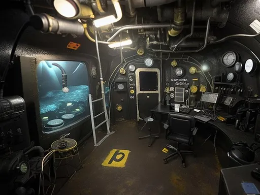 Prompt: Dark Detectives office on submarine