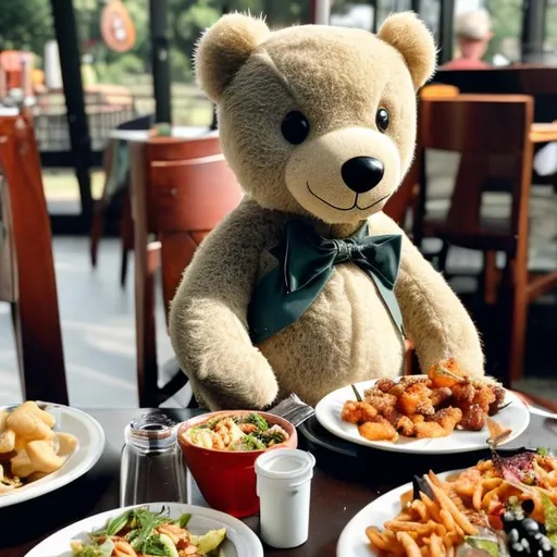 Prompt: a teddy sitting on a chair at a table of food near a helicopter