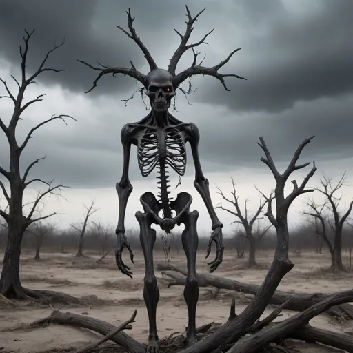 Prompt: Create a demonic figure embodying antinatalism. The demon should have a dark, somber presence with shadowy, skeletal features. Include broken or corrupted symbols of birth and life, such as a cracked baby doll, an hourglass with its sand almost gone, and wilted flowers. The setting should be a desolate, barren landscape with dead trees and a bleak, overcast sky. The demon's expression should convey melancholy and resignation, with a contemplative posture