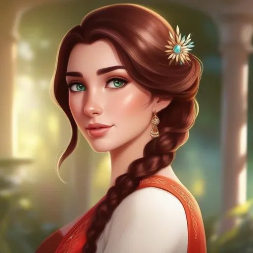 Prompt: elsa's fire-weilding cousin with a redish color scheme with dark brown hair and short bobbed brownish greenish eyes