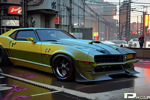 Prompt: A 69 camaro modified, in the style of Khyzl Saleem. Realistic, 3d render, artstation, Need for speed unbound, car customization, car community, JDM, midnight club, cyberpunk, tokyo