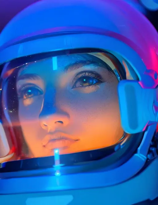 Prompt: portait, close ups, seen from the bottom left front, 25 years old, brown eyes, astronaut helmet, illuminated with black light, looking up, neon lights, illuminated from inside the helmet at the bottom, digital painting, artstation, smooth, concept art, ethereal, digital painting, artstation, concept art, smooth, concept art, happy, ethereal, royal vibe, highly detailed, detailed and intricate background, digital painting, Trending on artstation, Big Eyes, artgerm, highest quality stylized character concept masterpiece, award winning digital 3d oil painting art, hyper-realistic, intricate, 64k, UHD, HDR, image of a gorgeous, beautiful, dirty, highly detailed face, hyper-realistic facial features, perfect anatomy in perfect composition of professional, long shot, sharp focus photography, cinematic 3d volumetric